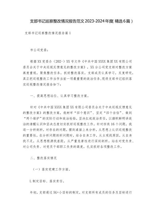 支部书记巡察整改情况报告范文20232024(精选6篇).docx