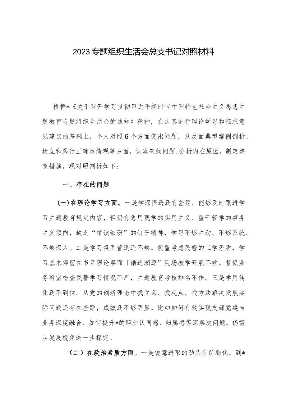 2023专题组织生活会总支书记对照材料.docx_第1页