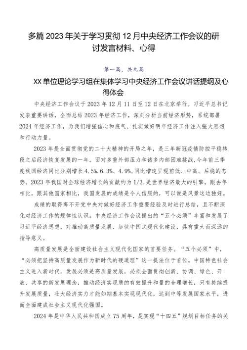 多篇2023年关于学习贯彻12月中央经济工作会议的研讨发言材料、心得.docx