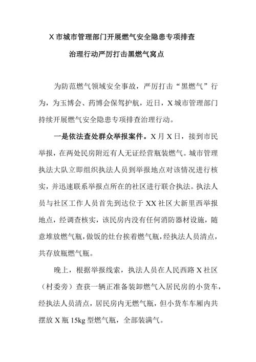 X市城市管理部门开展燃气安全隐患专项排查治理行动严厉打击黑燃气窝点.docx
