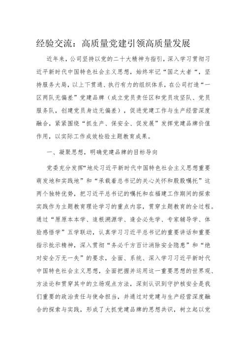 经验交流：高质量党建引领高质量发展.docx