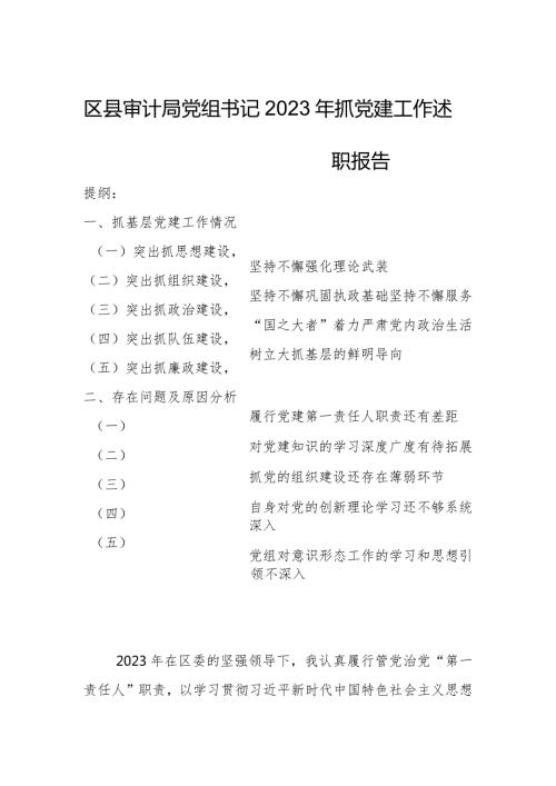 区县审计局党组书记2023年抓党建工作述职报告.docx