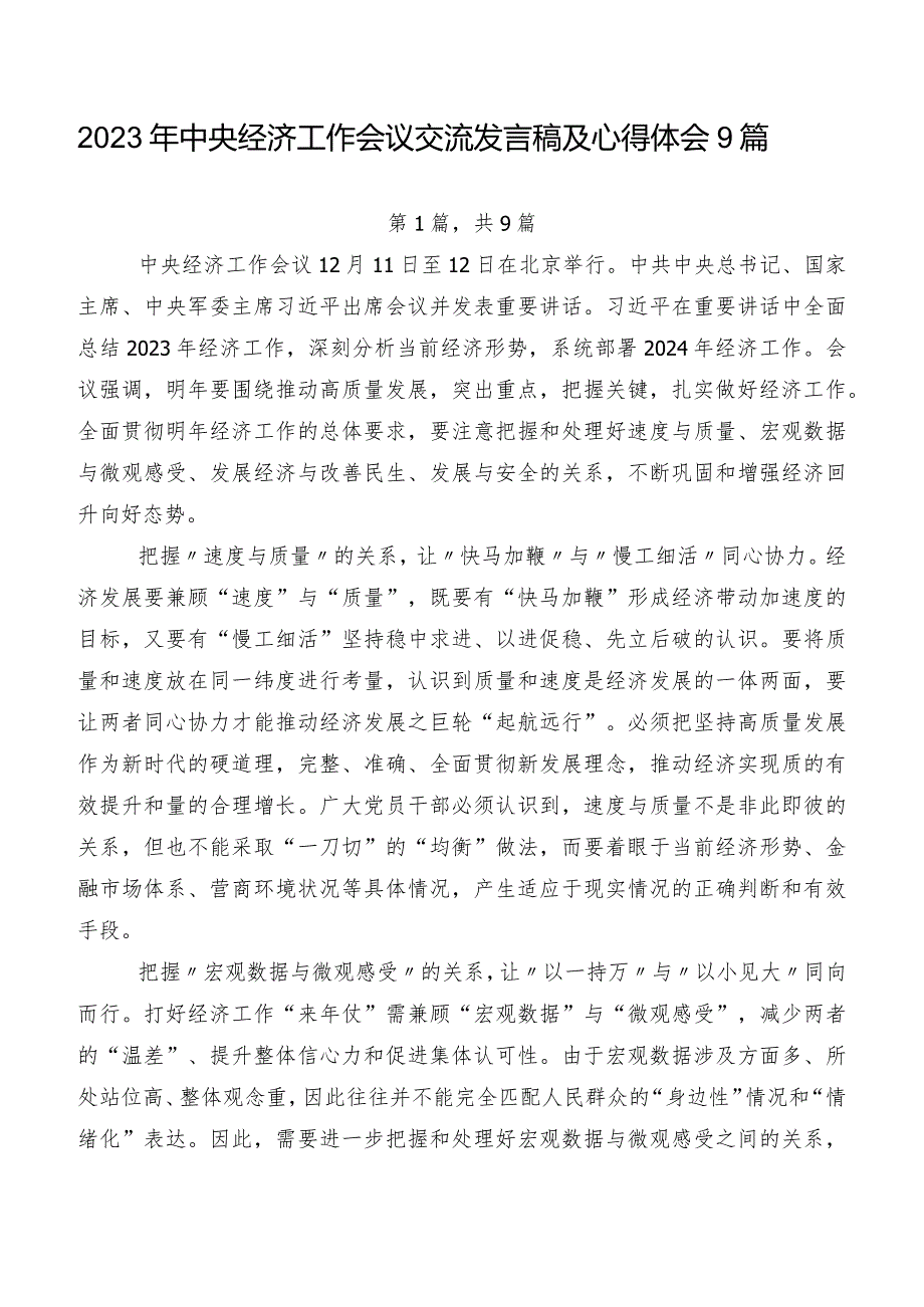 2023年中央经济工作会议交流发言稿及心得体会9篇.docx_第1页
