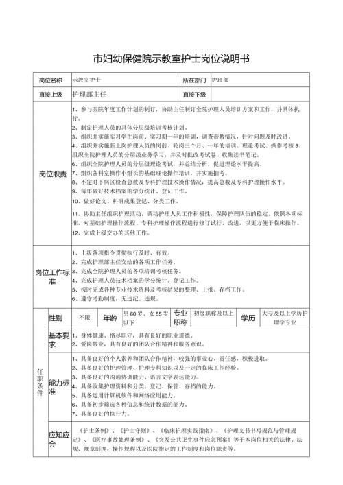 市妇幼保健院示教室护士岗位说明书.docx