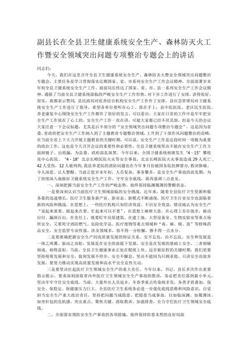 副县长在全县卫生健康系统安全生产、森林防灭火工作暨安全领域突出问题专项整治专题会上的讲话.docx