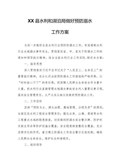 XX县水利和湖泊局做好预防溺水工作方案.docx