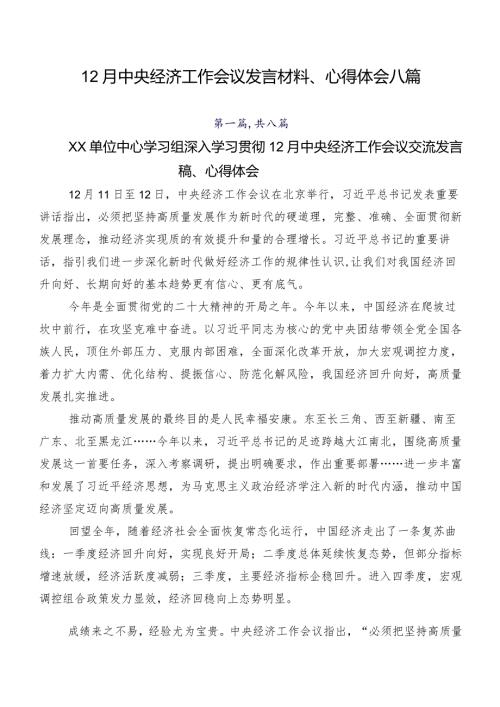12月中央经济工作会议发言材料、心得体会八篇.docx