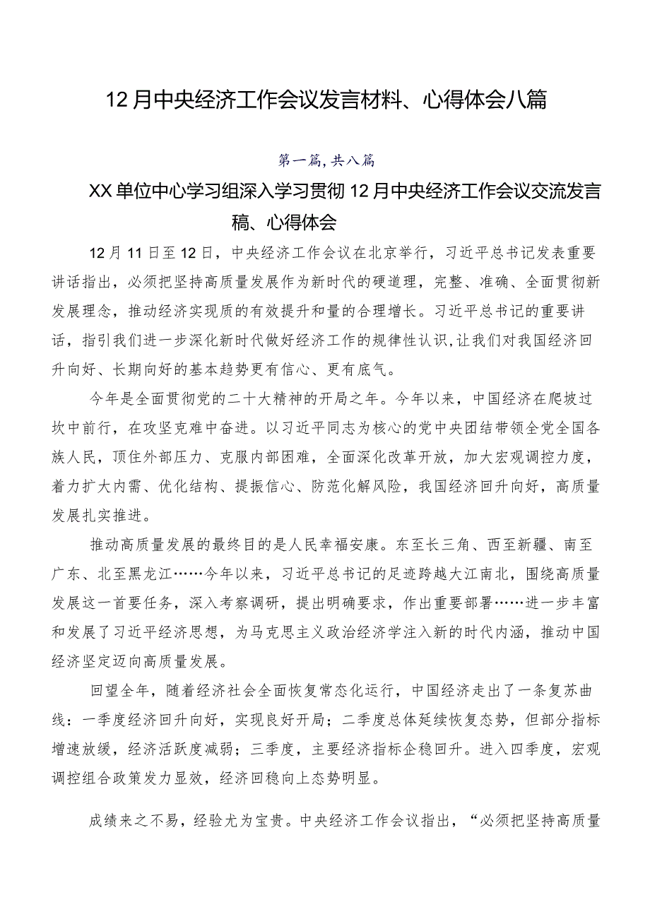 12月中央经济工作会议发言材料、心得体会八篇.docx_第1页