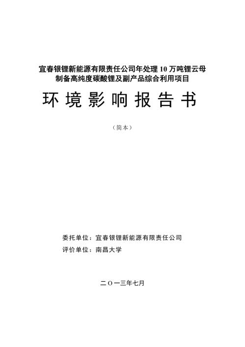 宜银锂新能源有限责任公司年处理10万吨锂云母制备高纯度碳酸锂及副产品综合利用项目环境影响报告书简本.doc
