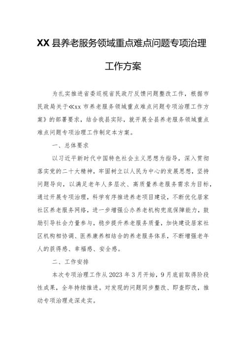 XX县养老服务领域重点难点问题专项治理工作方案.docx