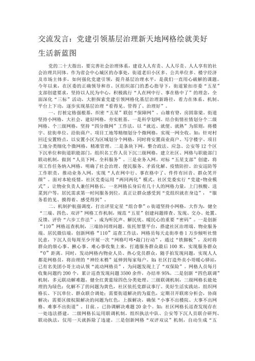 交流发言：党建引领基层治理新天地 网格绘就美好生活新蓝图.docx