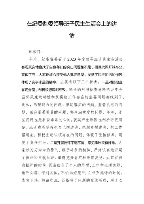 在纪委监委领导班子民主生活会上的讲话.docx
