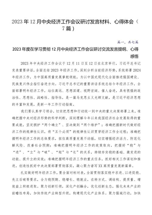 2023年12月中央经济工作会议研讨发言材料、心得体会（7篇）.docx