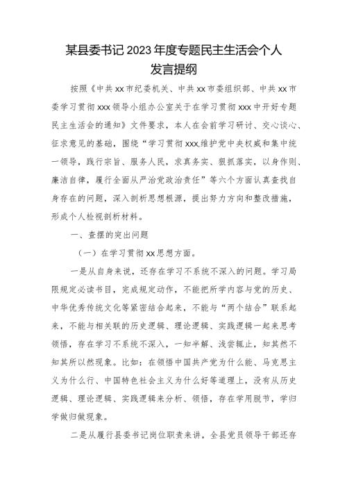 某县委书记2023专题民主生活会个人发言提纲.docx
