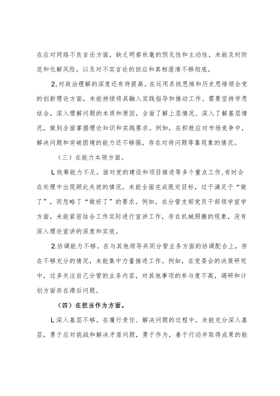 公司党委班子成员2023主题教育专题民主生活会个人对照检查材料(1).docx_第2页