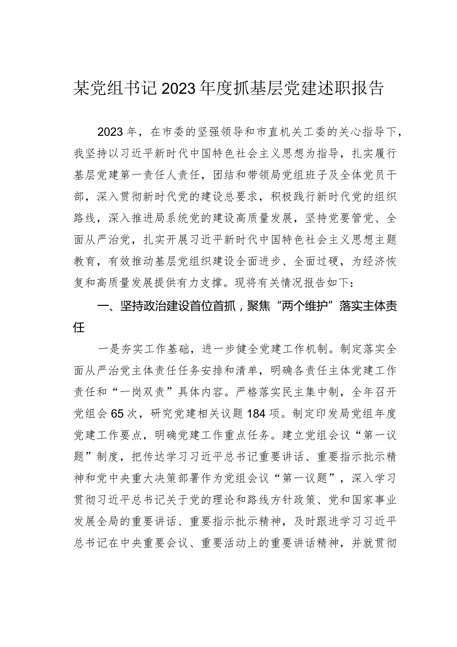 某党组书记2023抓基层党建述职报告(1).docx_第1页