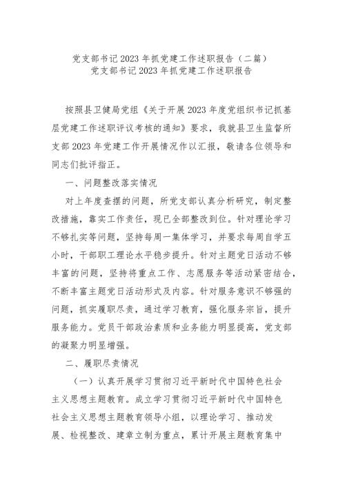党支部书记2023年抓党建工作述职报告(二篇).docx
