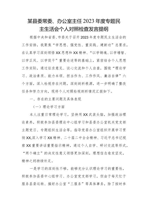 某县委常委、办公室主任2023专题民主生活会个人对照检查发言提纲.docx