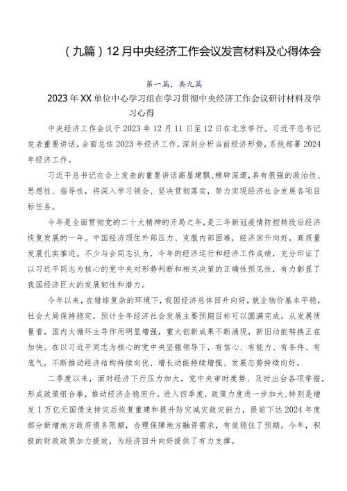 （九篇）12月中央经济工作会议发言材料及心得体会.docx