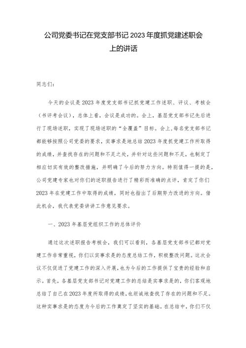 公司党委书记在党支部书记2023抓党建述职会上的讲话.docx