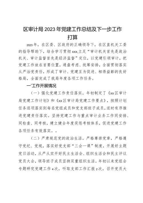 区审计局2023年党建工作总结及下一步工作打算.docx