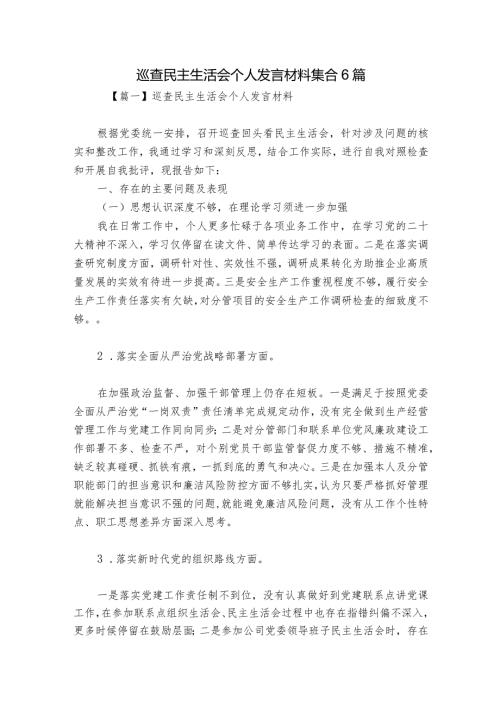巡查民主生活会个人发言材料集合6篇.docx