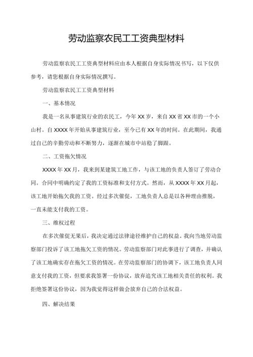 劳动监察农民工工资典型材料.docx