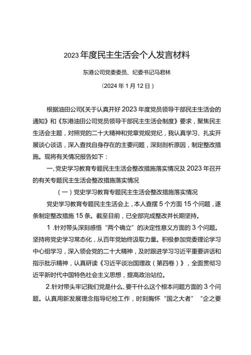 2023民主生活会个人发言材料.docx