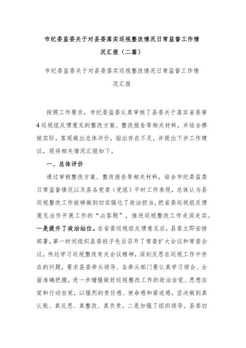 市纪委监委关于对县委落实巡视整改情况日常监督工作情况汇报(二篇).docx