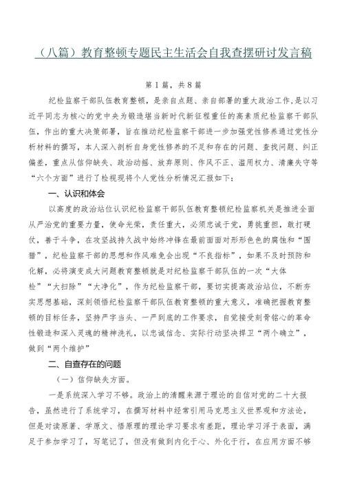 （八篇）教育整顿专题民主生活会自我查摆研讨发言稿.docx
