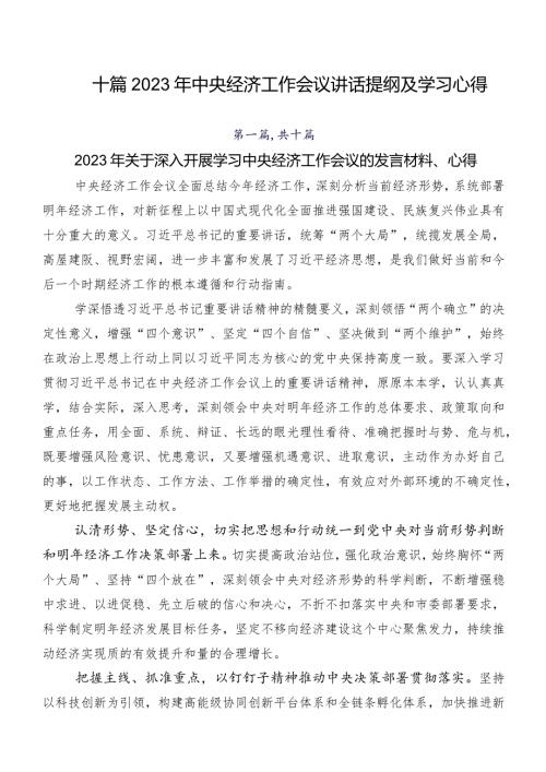 十篇2023年中央经济工作会议讲话提纲及学习心得.docx