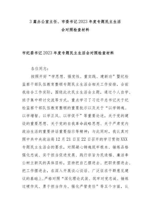3篇办公室主任、市委书记2023专题民主生活会对照检查材料.docx