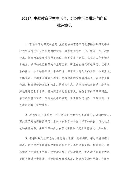 2023年主题教育民主生活会、组织生活会批评与自我批评意见(1).docx
