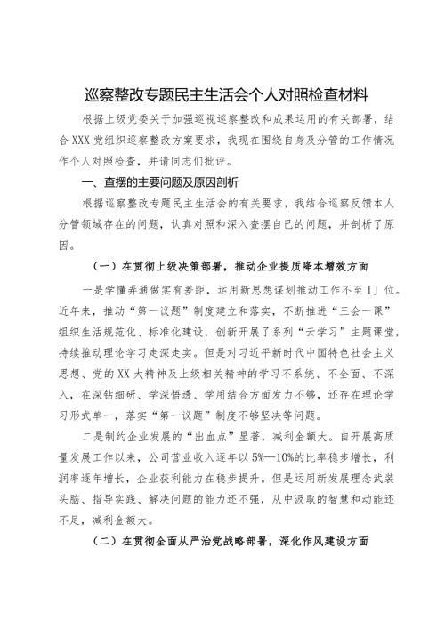 公司党支部书记巡察整改专题民主生活会个人对照检查材料.docx