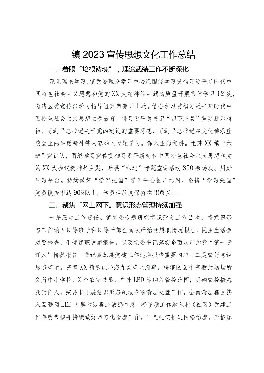 镇2023宣传思想文化工作总结.docx_第1页