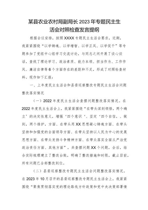 某县农业农村局副局长2023年专题民主生活会对照检查发言提纲(1).docx