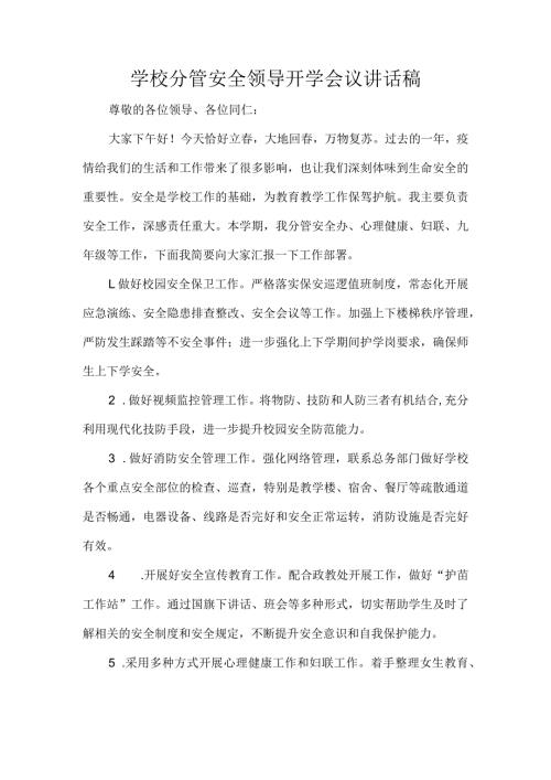 学校分管安全领导开学会议讲话稿.docx