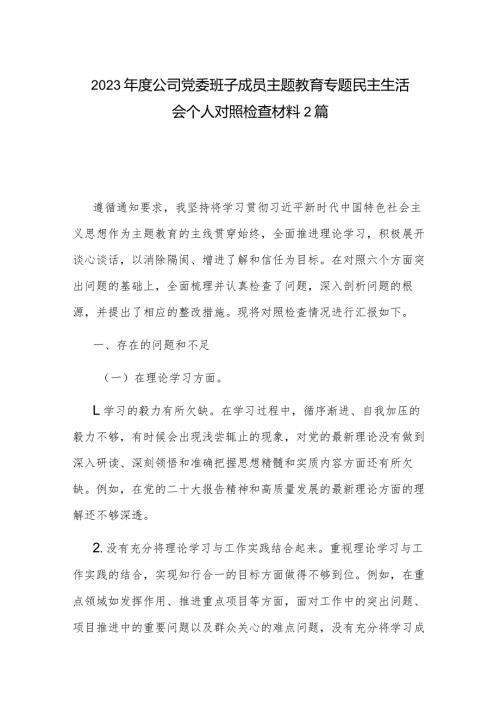 2023公司党委班子成员主题教育专题民主生活会个人对照检查材料2篇.docx