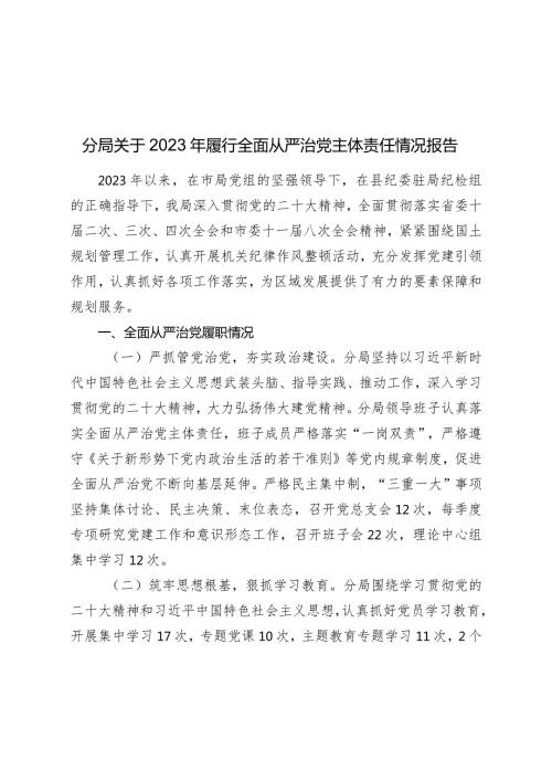 分局关于20232024年履行全面从严治党主体责任情况报告.docx