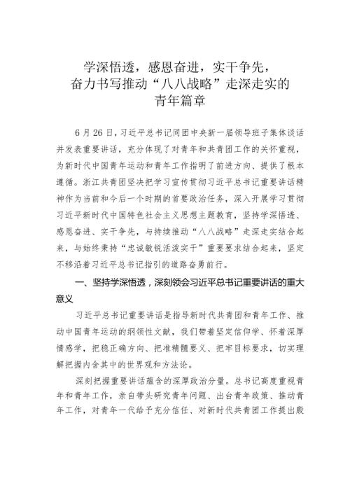 学深悟透感恩奋进实干争先奋力书写推动“八八战略”走深走实的青年篇章.docx