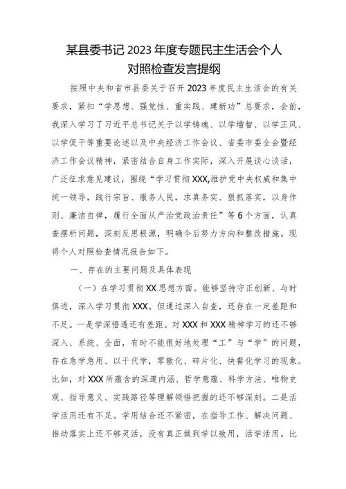 某县委书记2023专题民主生活会个人对照检查发言提纲.docx
