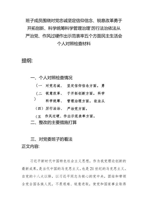 班子成员围绕对党忠诚坚定信仰信念、锐意改革勇于开拓创新、科学统筹科学管理治理、厉行法治依法从严治党、作风过硬作出示范表率五个方面.docx