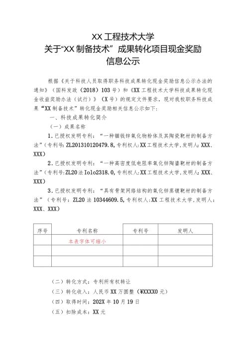 XX工程技术大学关于XX制备技术成果转化项目现金奖励信息公示（2023年）.docx