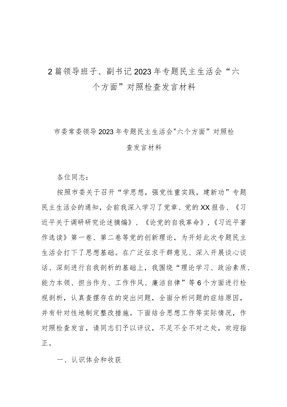 2篇领导班子、副书记2023年专题民主生活会“六个方面”对照检查发言材料.docx_第1页