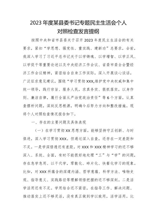2023某县委书记专题民主生活会个人对照检查发言提纲.docx