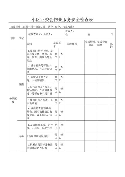 小区业委会物业服务安全检查表.docx