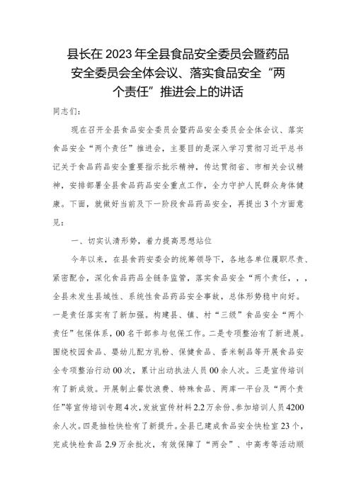 县长在2023年全县食品安全委员会暨药品安全委员会全体会议、落实食品安全“两个责任”推进会上的讲话.docx