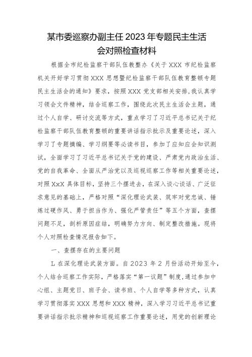 某市委巡察办副主任2023年专题民主生活会对照检查材料.docx
