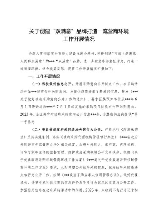 关于创建“双满意”品牌打造一流营商环境工作开展情况.docx