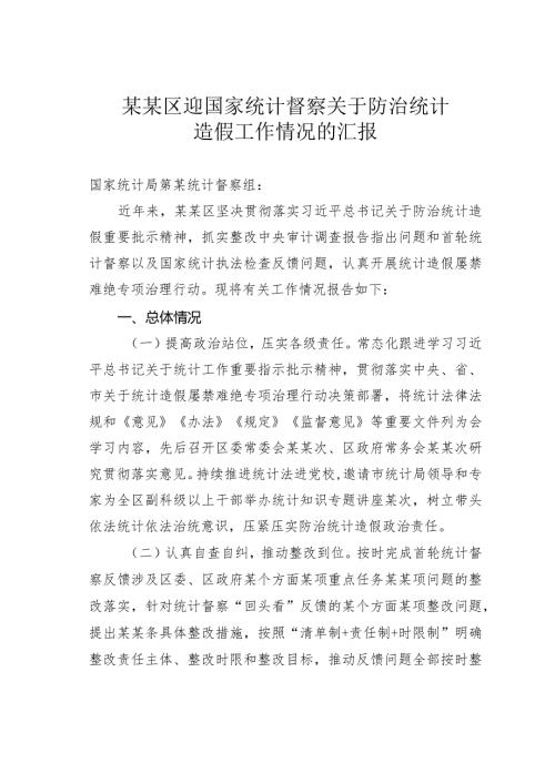 某某区迎国家统计督察关于防治统计造假工作情况的汇报.docx